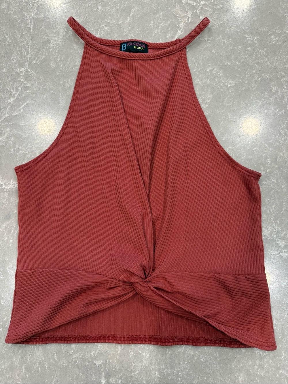 B Famous USA Large Rust Ribbed Twist Front Sleeveless Tank Top Cutout